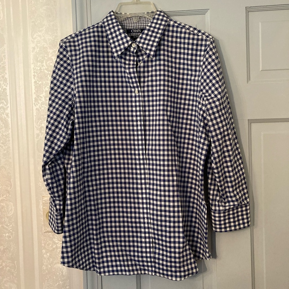 Navy And White Gingham Chaps Button Down Top - image 1